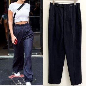Vintage dead stock navy blue wool high waisted pleated pinstripe trousers 14